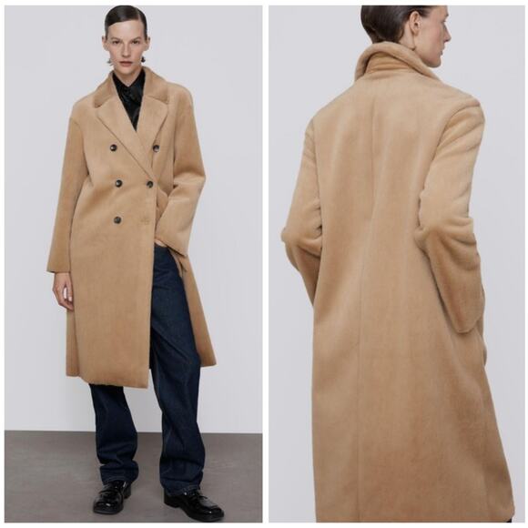 ZARA Light Brown Beige Faux Fur Long Coat Trench Blogger Favorite | Large - Picture 5 of 16